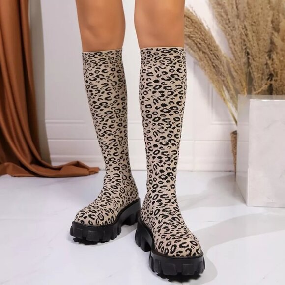 Leopard Chunky Platform Knee High Boots - Picture 8 of 11